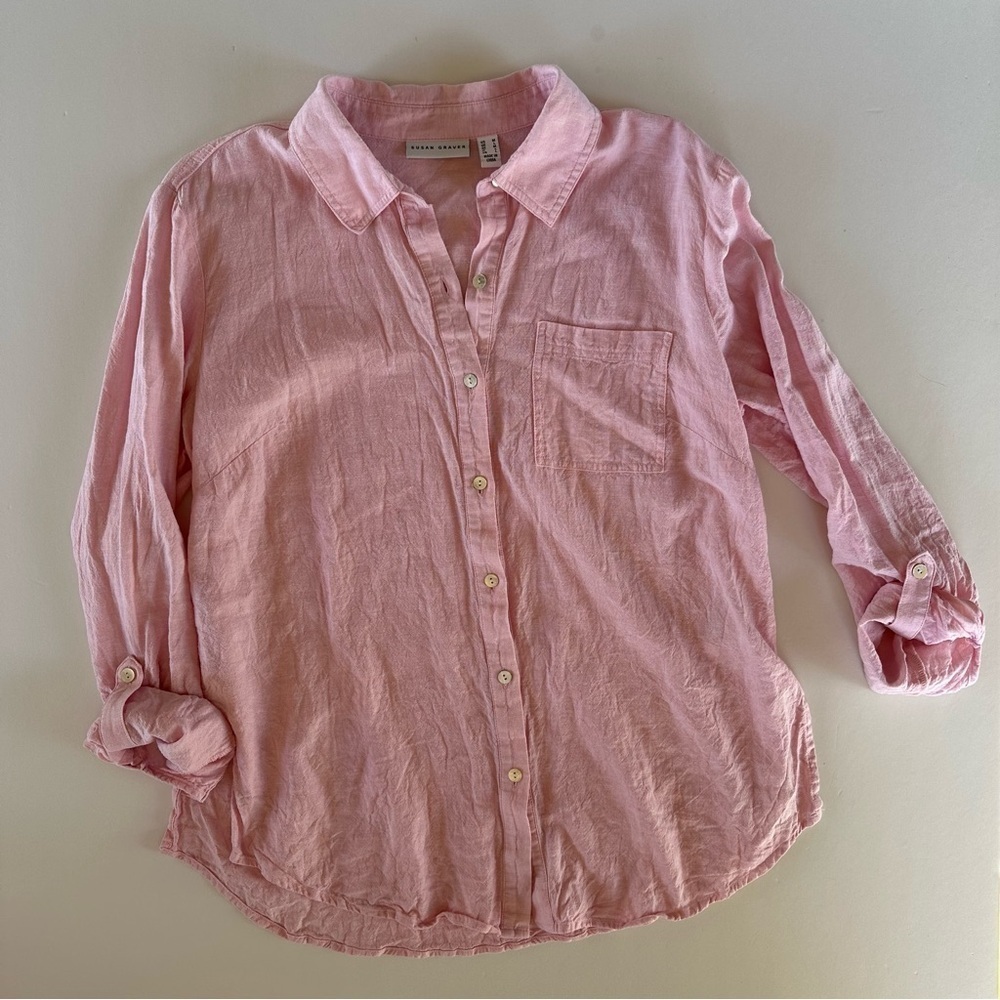 Susan Graver Pink Linen Rayon Blend Long Sleeve Button-down Roll Tab Sleeves M - Picture 5 of 11